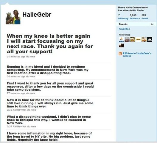 A Snapshot of Haile G/selassie Twitter account, as it appeared on Nov15/2010